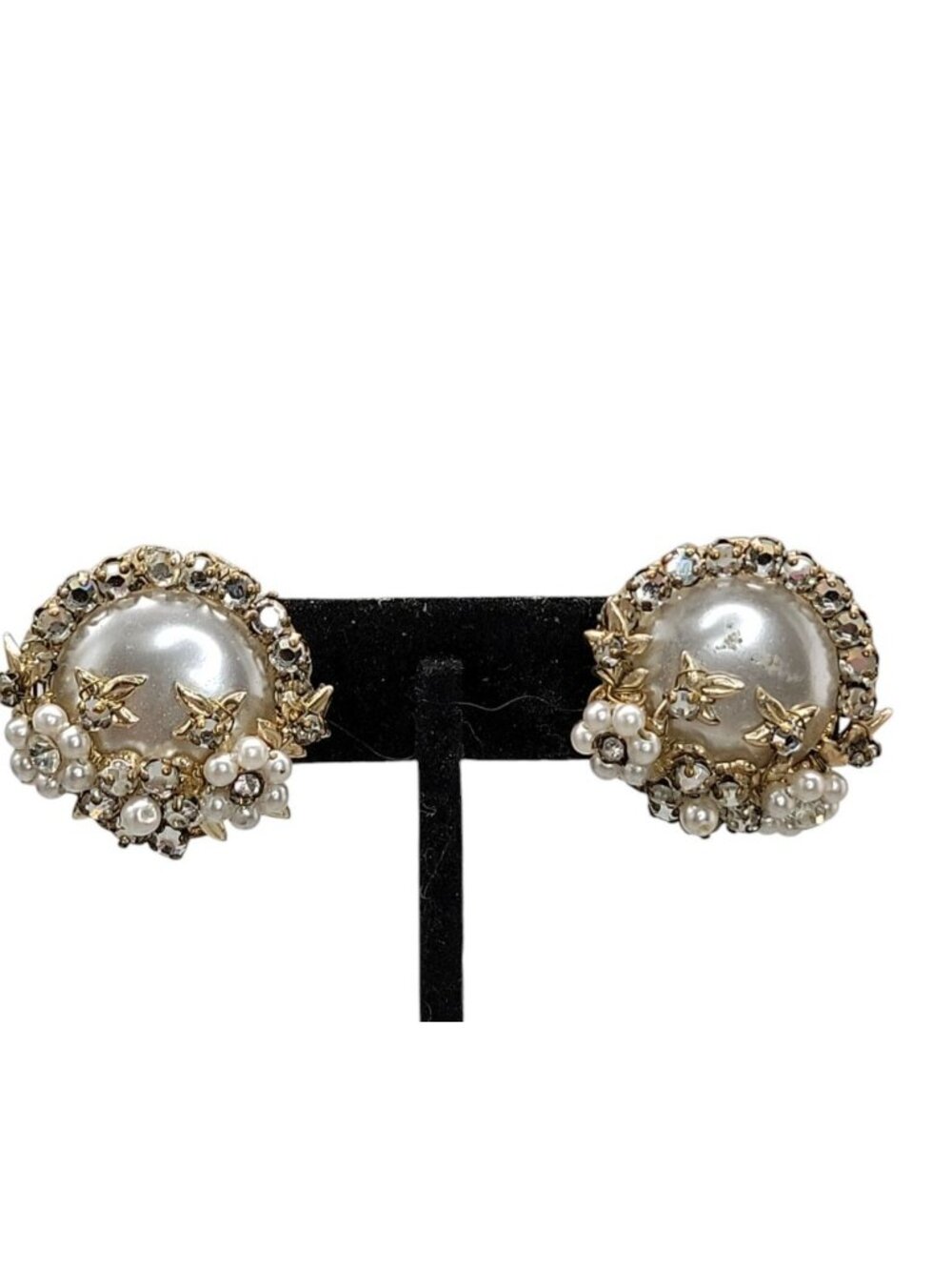 Faux Pearl Button Clip On Earrings Rhinestones Intricate Design Japan Vintage